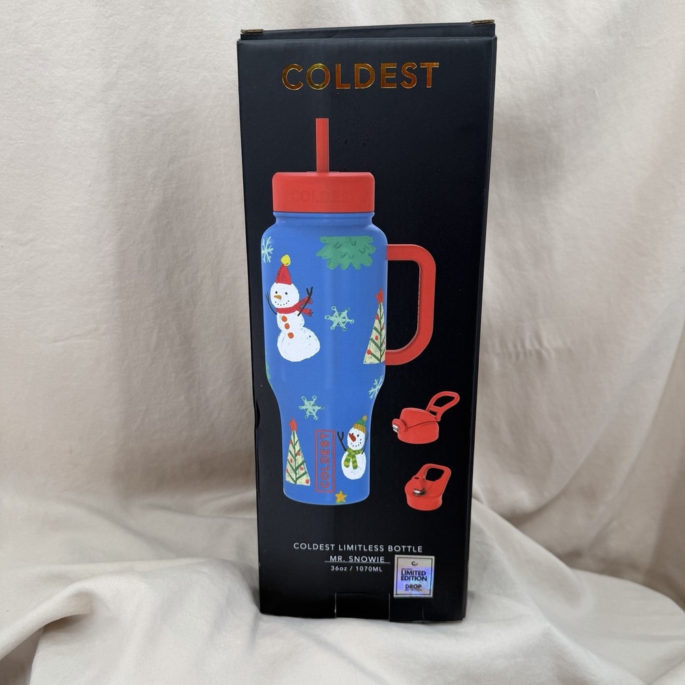 Coldest Limitless Ultra Bottle Mr. Snowie‎ 36 oz Tumbler Blue Red Winter 3 Lids - Picture 3 of 8